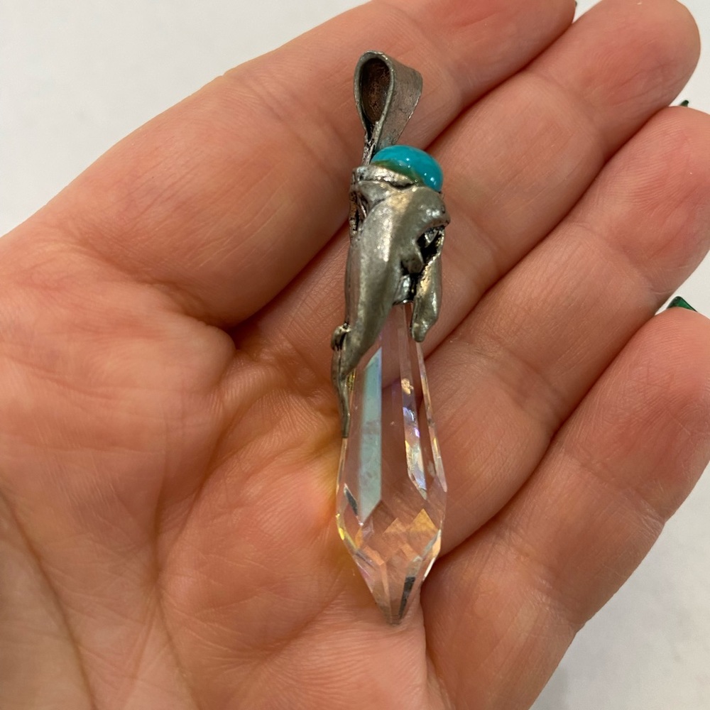 Silver Quartz Crystal Turquoise Pendant Necklace dolphins vintage signed - Picture 12 of 14